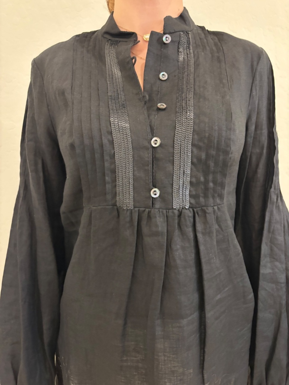 Worth New York 100% Linen Pintuck Bib Front Tunic Blouse - Black , Sz Medium - Picture 4 of 10